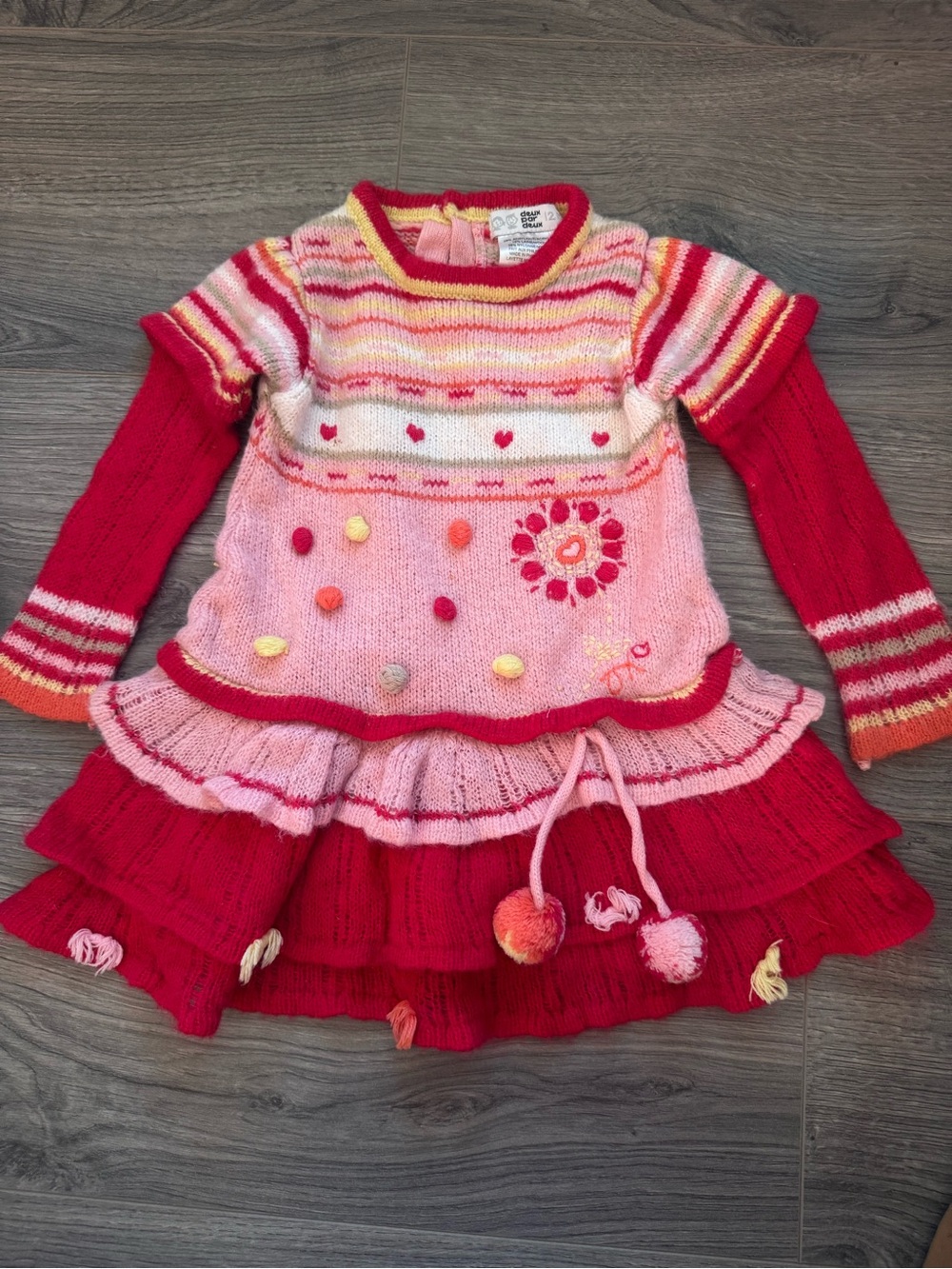 Deux par Deux Sweater Dress Pink Red Ruffles Cozy Warm 12M